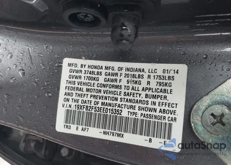 2014 Honda Civic Lx from USA, damaged, VIN 19XFB2F53EE015352